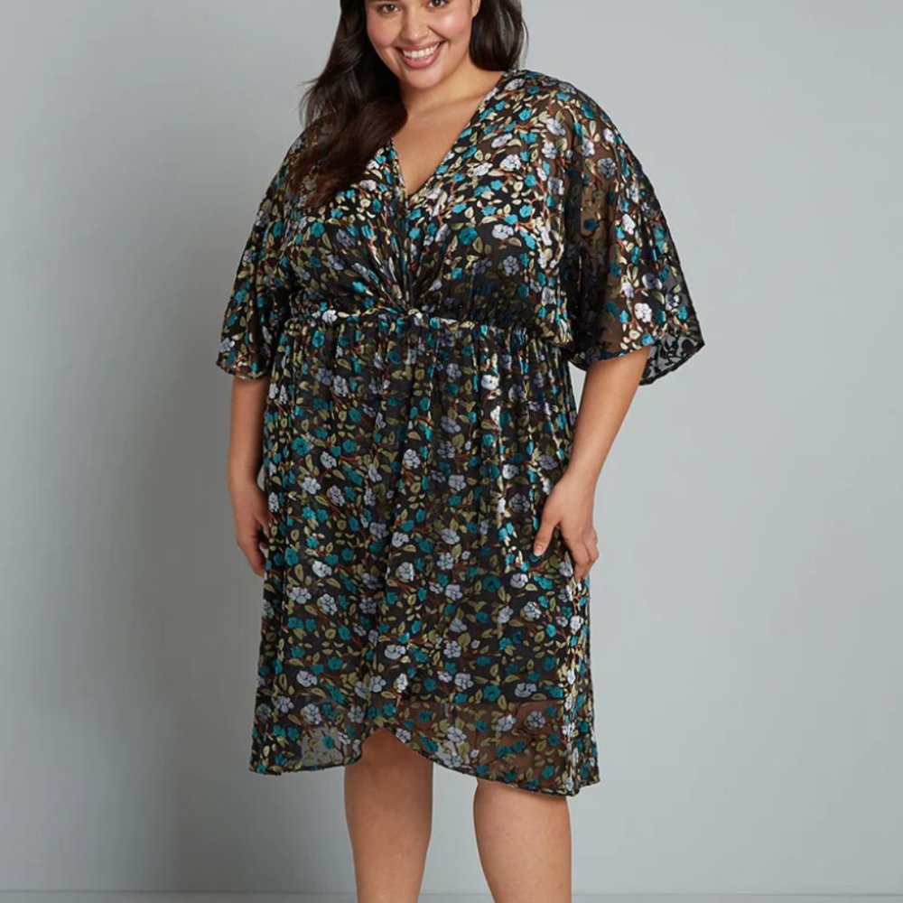 Modcloth Black Floral Midi Dress with Teal & White Accents